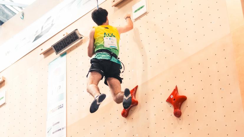 Melbourne (AUS), 26 November 2023- Sturt BOLTIN of Australia competes in the Speed-qualifications during the IFSC Oceania Qualifier in Melbourne (AUS)