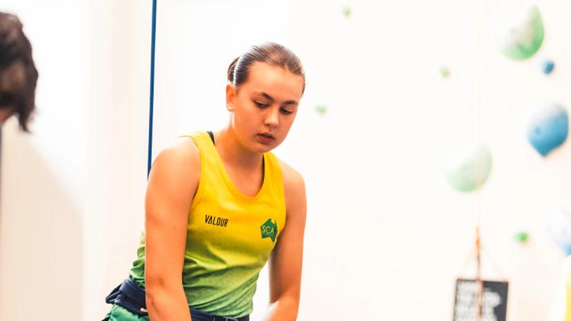 Melbourne (AUS), 26 November 2023- Annie MCDONNELL of Australia competes in the Speed-finals during the IFSC Oceania Qualifier in Melbourne (AUS)